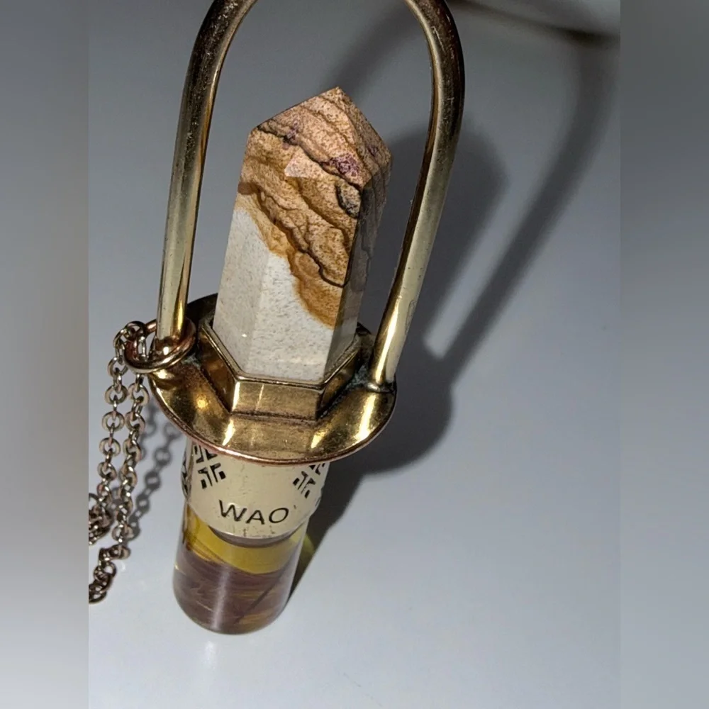 NWOT - Handmade Brass Essential Oil Rollerball Necklace with Ocean Jasper Stone
